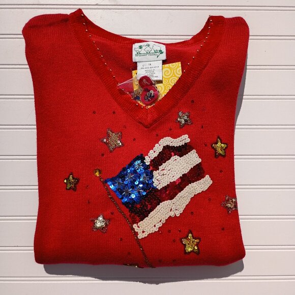 THE QUACKER FACTORY Sweater Womens 1X Red Patriotic Christmas American Flag NWT - Picture 1 of 15